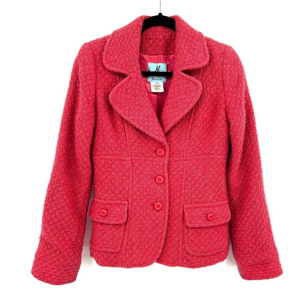 MARCIANO Pink Metallic Tweed Wool Triple Button Blazer Jacket Size Medium